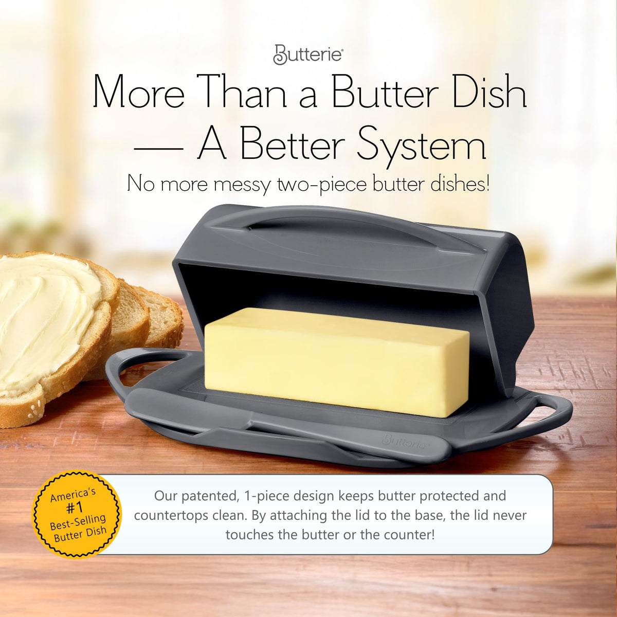 Butterie flip-top butter dish closed, compact and countertop-friendly