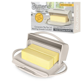 Butterie flip-top butter dish in ivory keeps butter neatly stored and ready to spread
