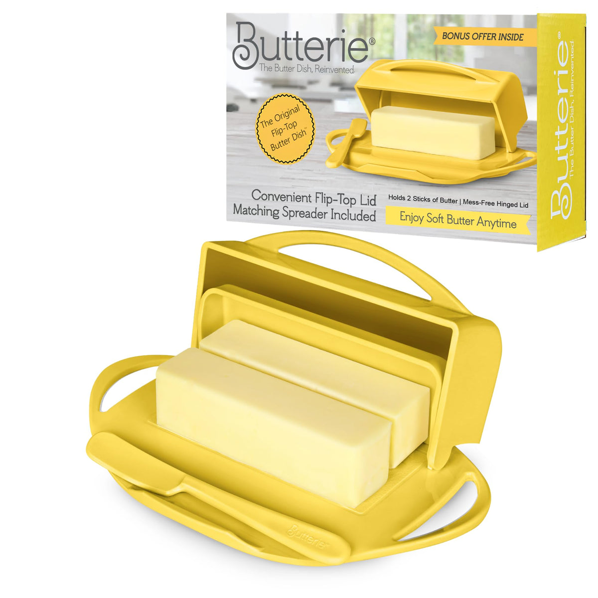 Butterie flip-top butter dish open with knife for easy spreading