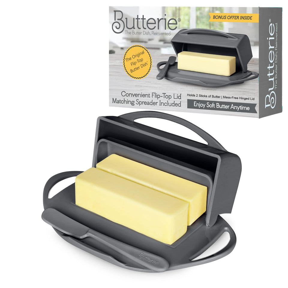 Butterie flip-top butter dish open with attached lid for mess-free serving