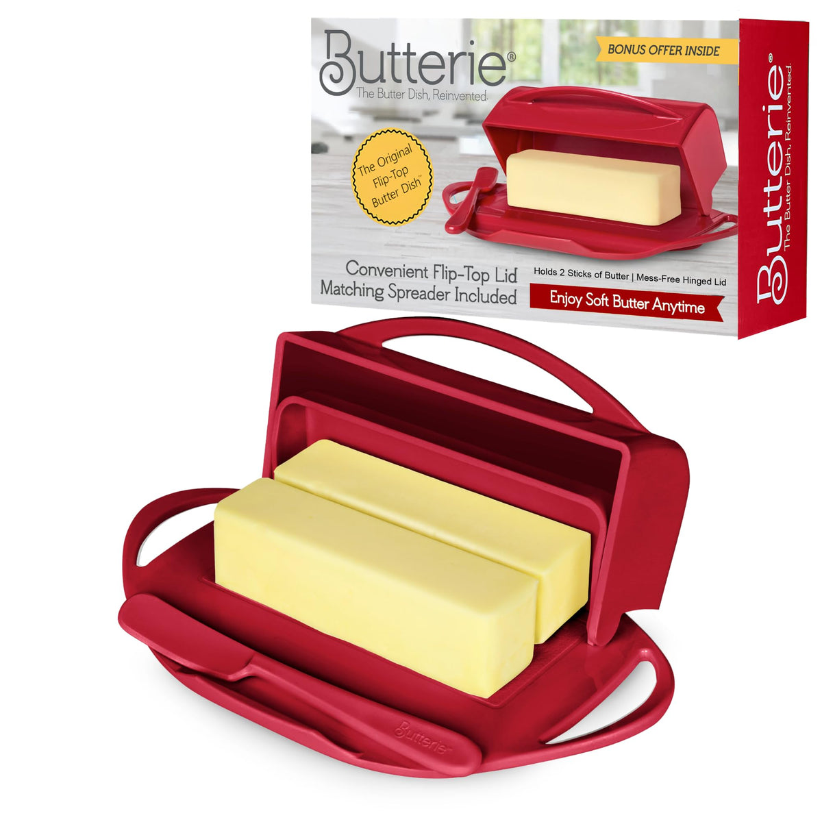 Butterie flip-top butter dish in red for easy access to soft butter.