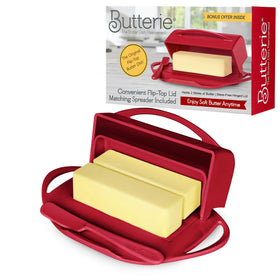 Butterie flip-top butter dish in red for easy access to soft butter.