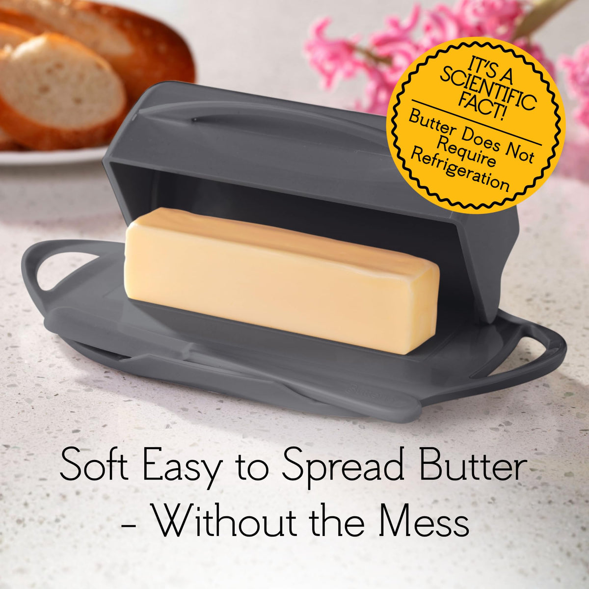 Butterie includes knife and cradle for easy, mess-free serving