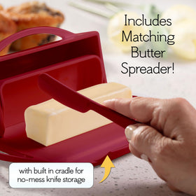 Butter knife with cradle included for smooth spreading.