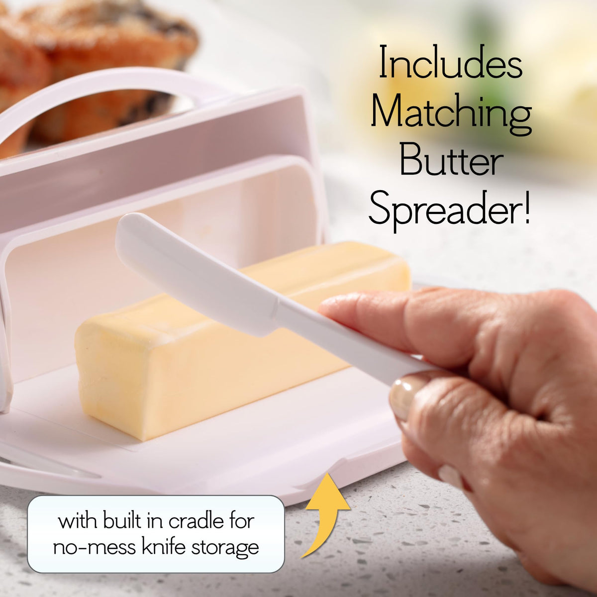 Butterie knife cradle and knife enable easy spreading.