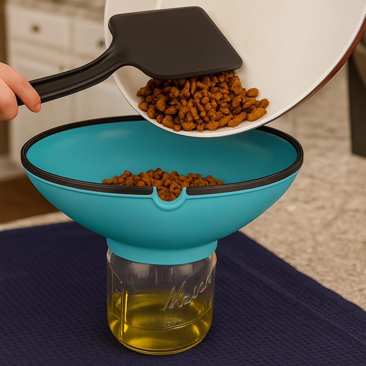 BUUBLE grease drainer mounted on a can demonstrates quick grease separation