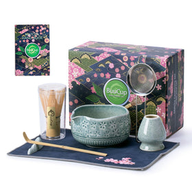Buucup matcha bowl on display with cherry blossom-inspired design for tea rituals.