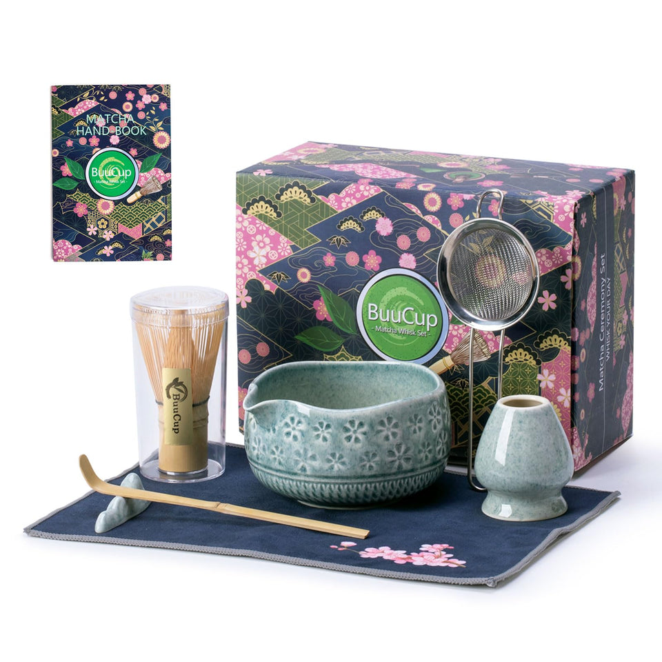 Buucup matcha bowl on display with cherry blossom-inspired design for tea rituals.