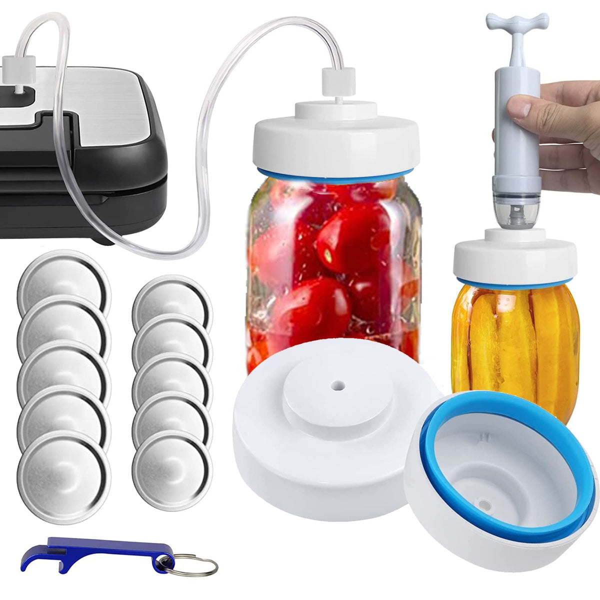 BUVLIVU Mason Jar Vacuum Sealer Kit wide-mouth setup seals jars to keep foods fresh.