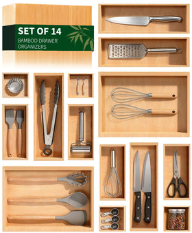 Buwheekoki bamboo drawer organizer 14pc full set keeps items organized and accessible.