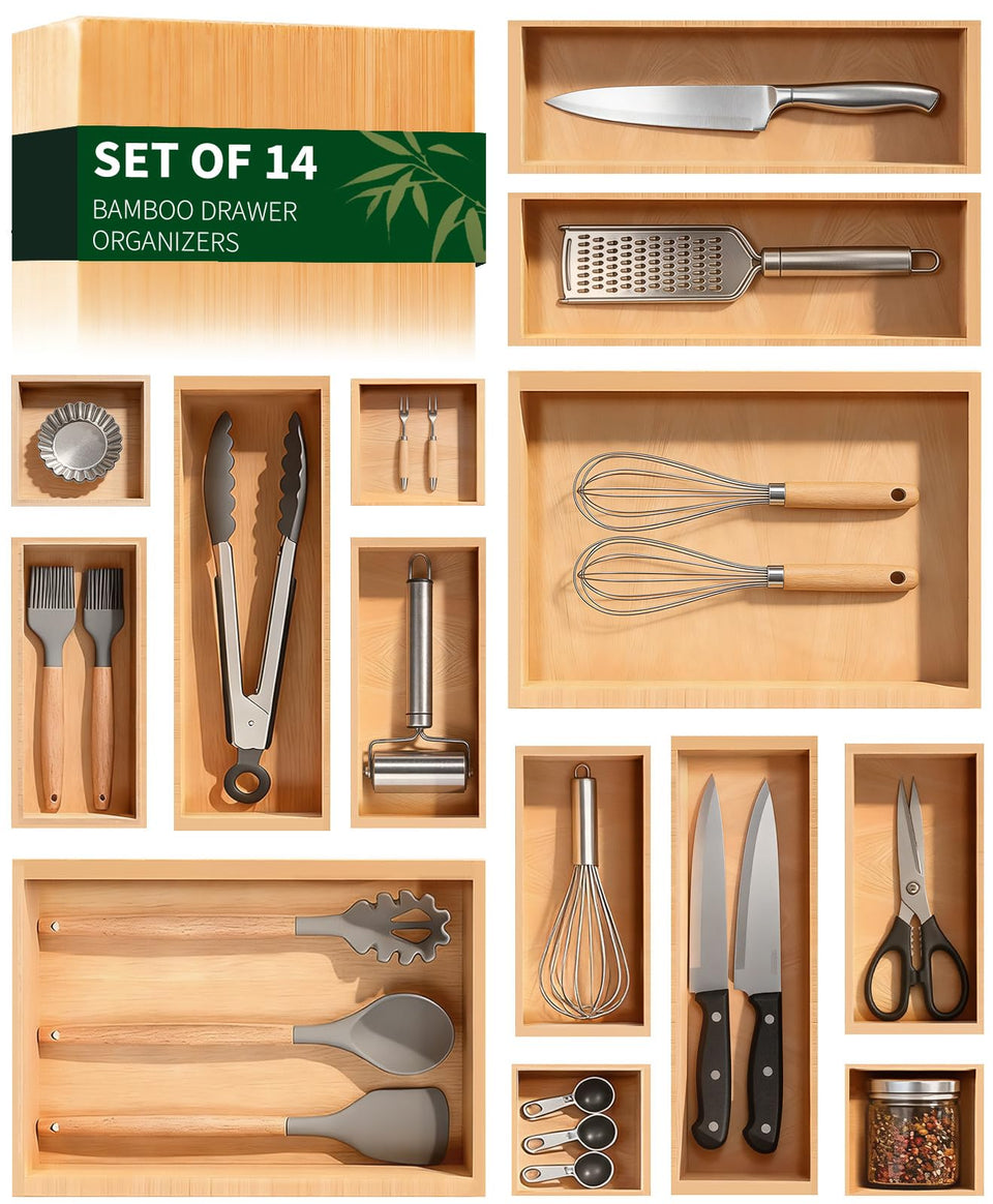 Buwheekoki bamboo drawer organizer 14pc full set keeps items organized and accessible.