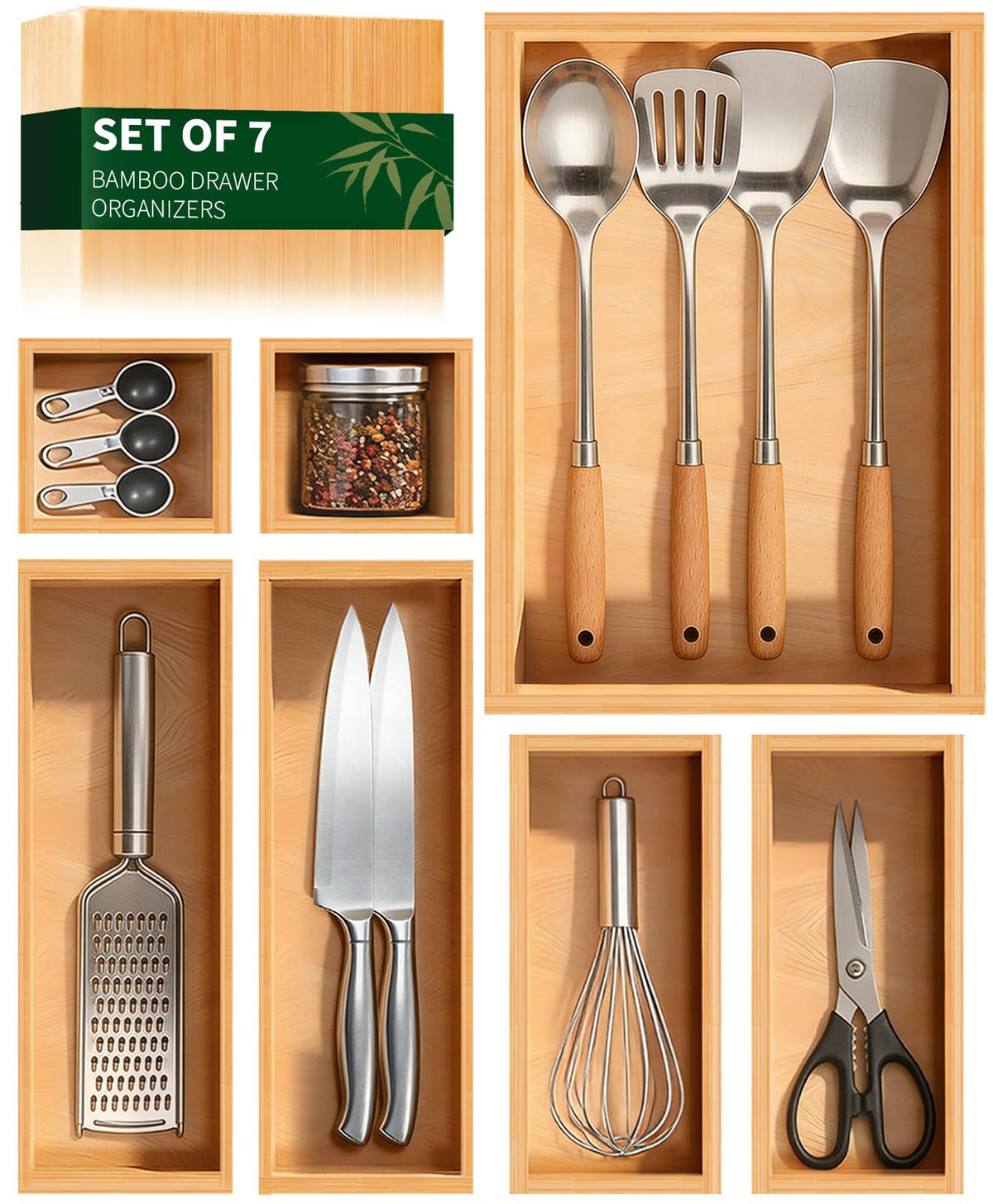 Buwheekoki bamboo drawer organizer 7pc set in full view for versatile storage.