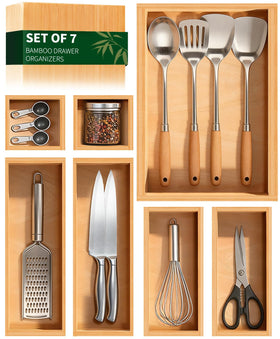 Buwheekoki bamboo drawer organizer 7pc set in full view for versatile storage.