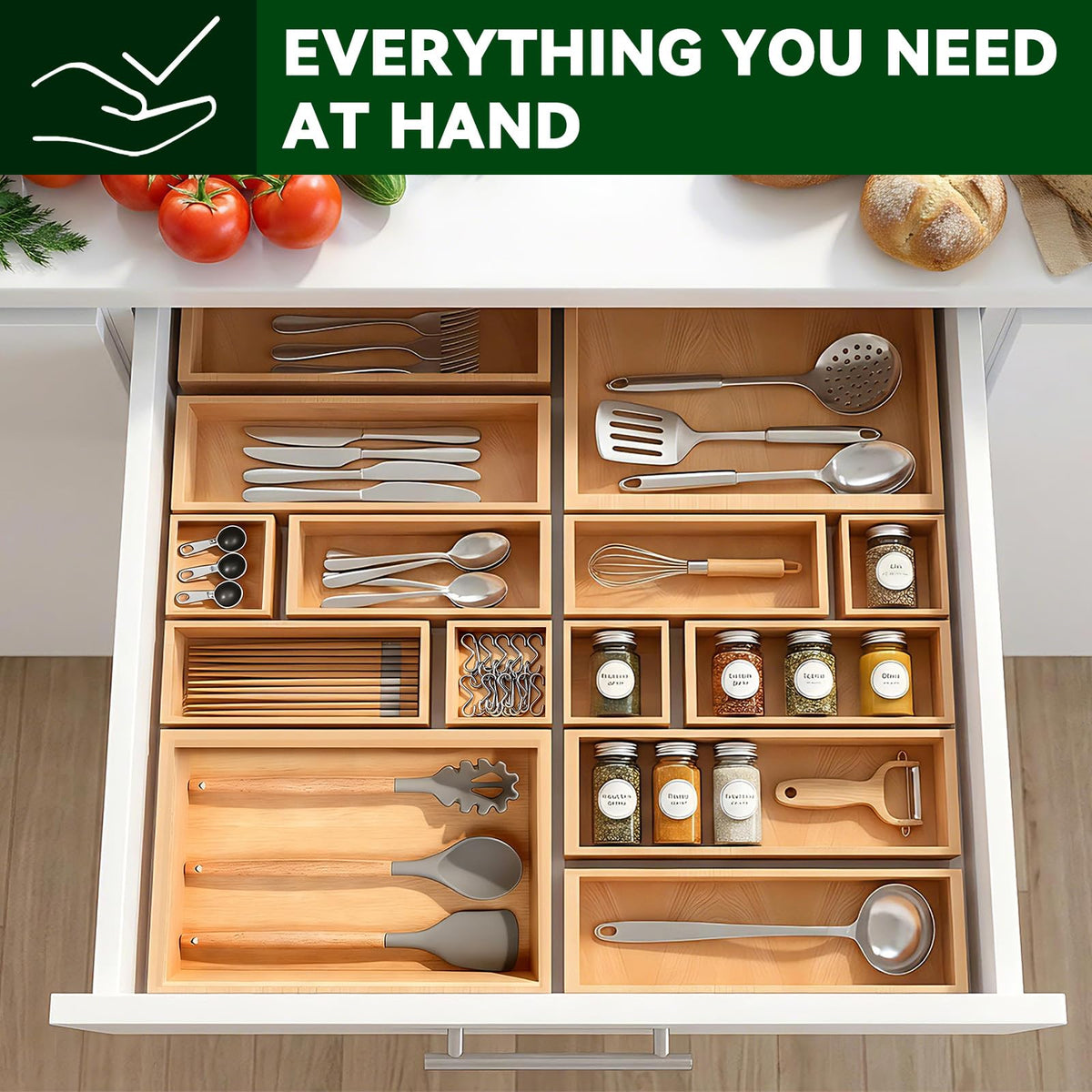 Buwheekoki bamboo office supplies organizer in a desk drawer.