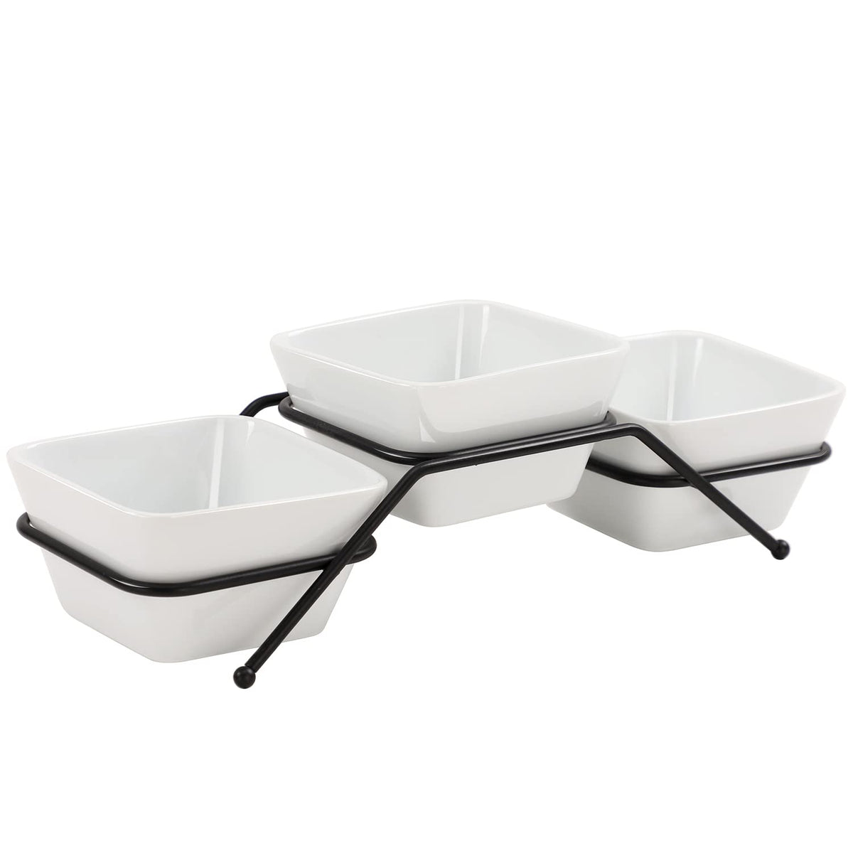 Buyajuju square porcelain chip and dip set on black stand for elegant entertaining.