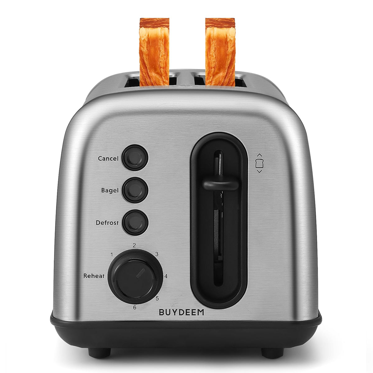Buydeem DT420 toaster front view with extra-wide slots for bagels and muffins.