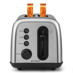 Buydeem DT420 toaster front view with extra-wide slots for bagels and muffins.