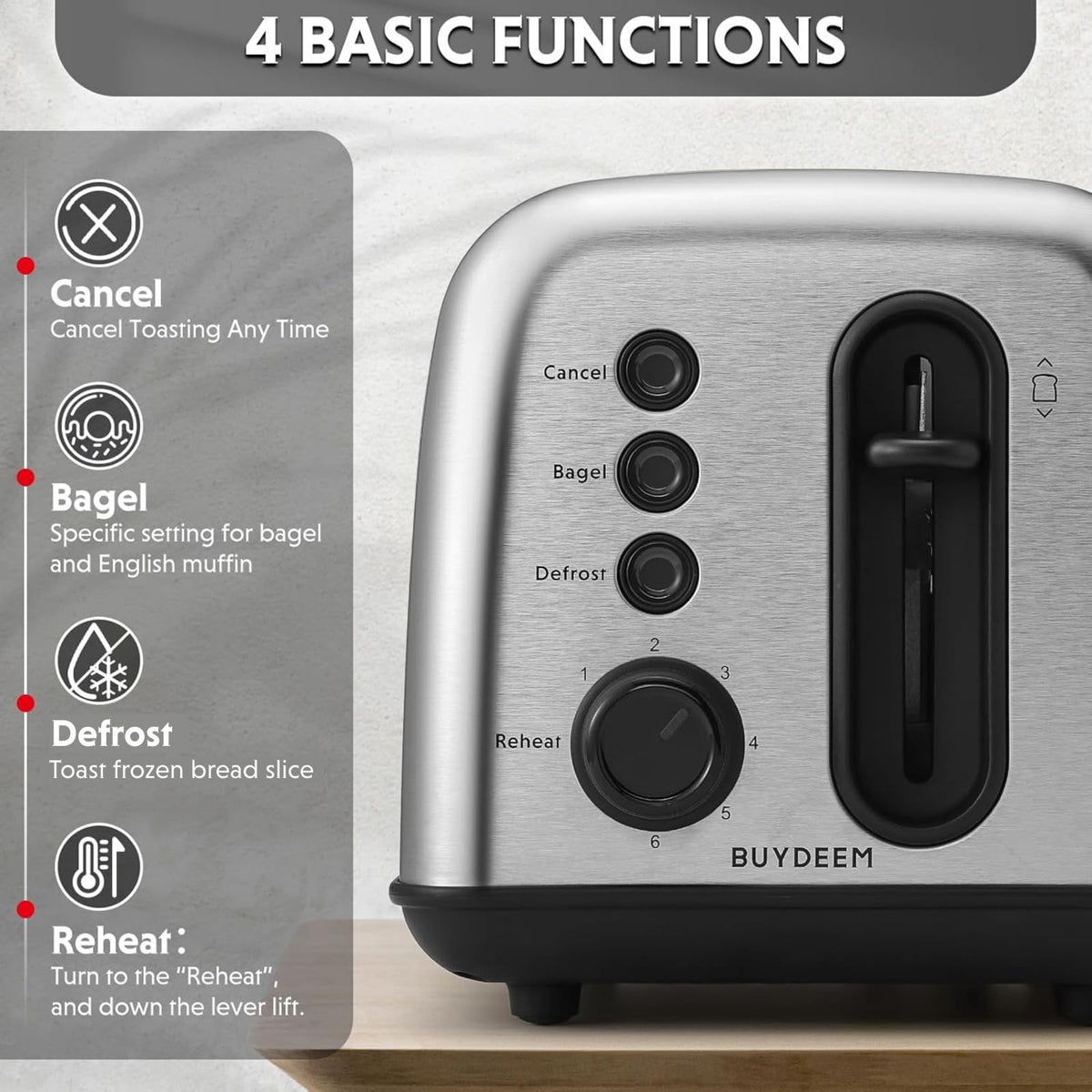 Buydeem DT420 toaster side view highlights compact footprint saving counter space.