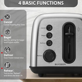 Buydeem DT420 toaster side view highlights compact footprint saving counter space.