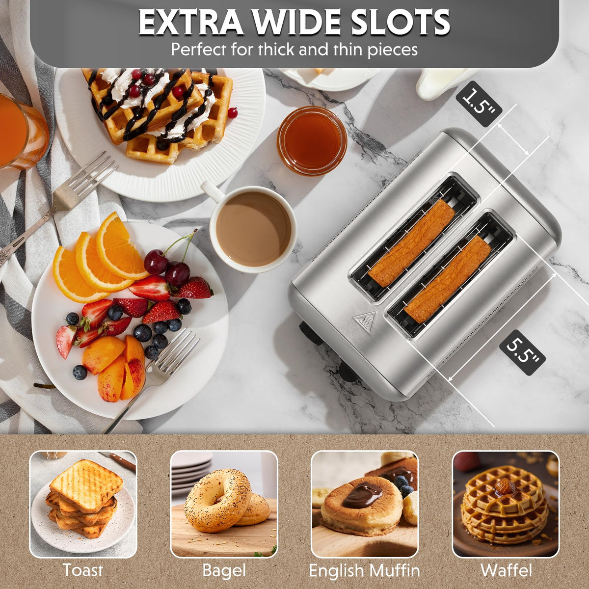 Buydeem DT420 toaster top view highlighting 1.5-inch slots for bagels and muffins.