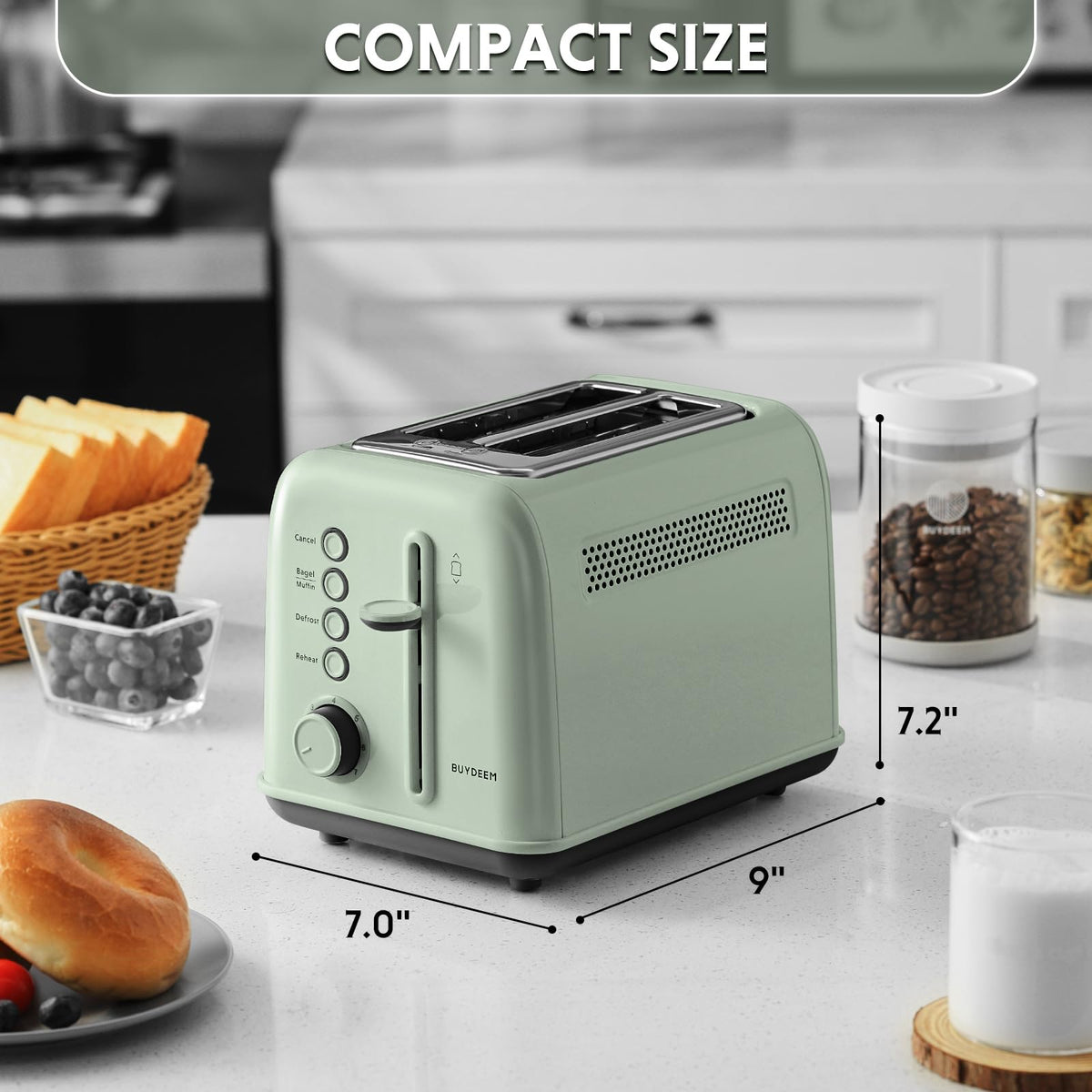 BUYDEEM DT620 bagel muffin mode demonstrates even toasting for denser breads.