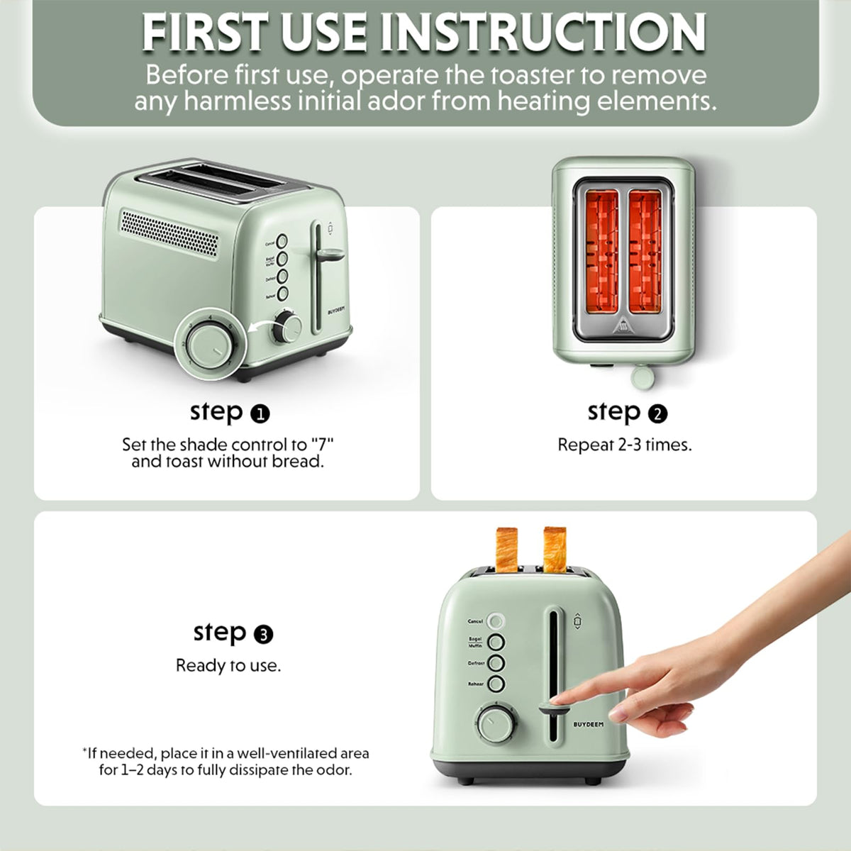 BUYDEEM DT620 defrost and reheat functions support convenient frozen-toasted options.