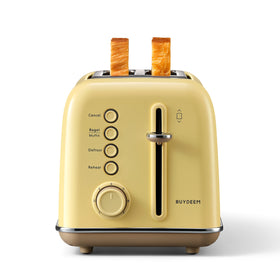 BUYDEEM DT620 front view showing the retro stainless steel toaster on a counter