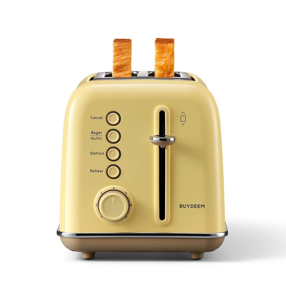 BUYDEEM DT620 front view showing the retro stainless steel toaster on a counter