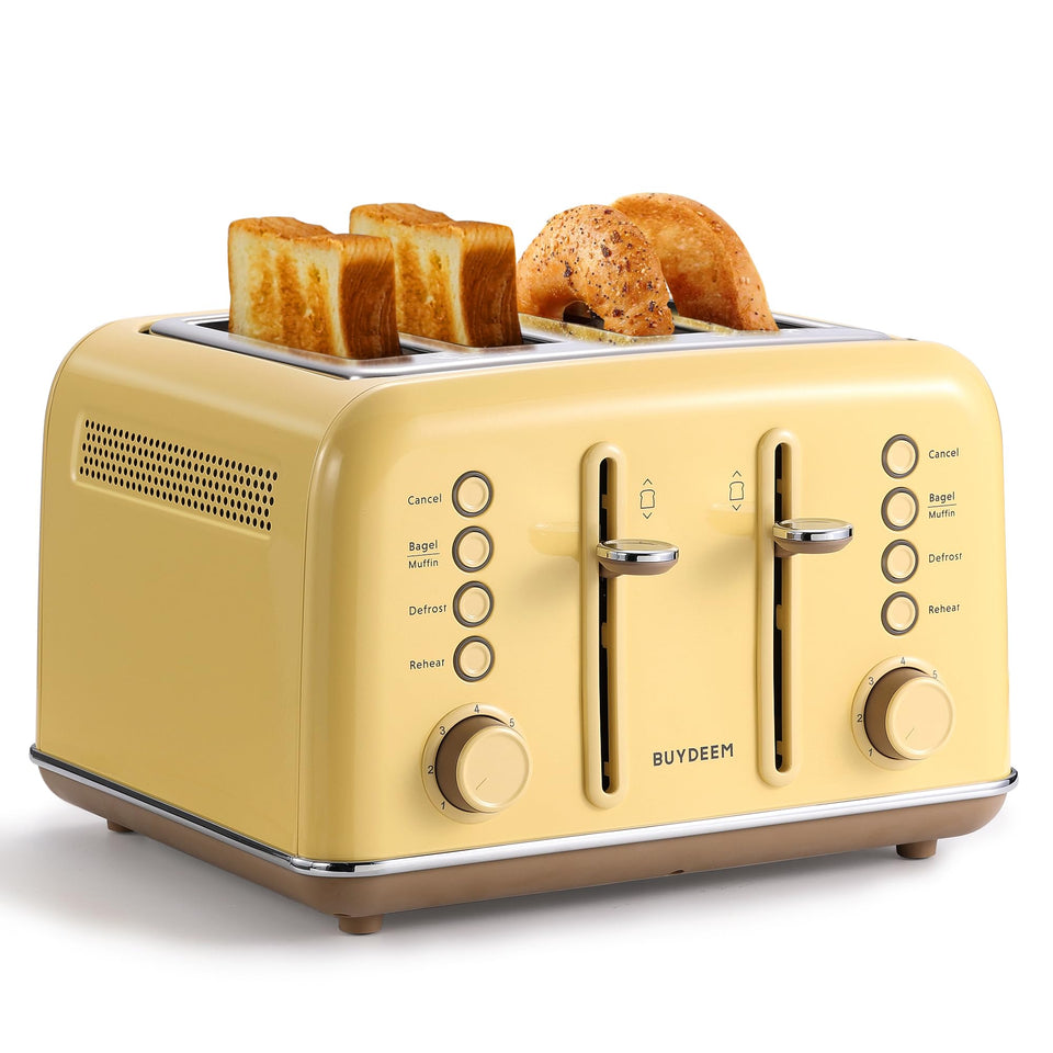 Buydeem DT640 front view shows retro stainless steel and mellow yellow finish.