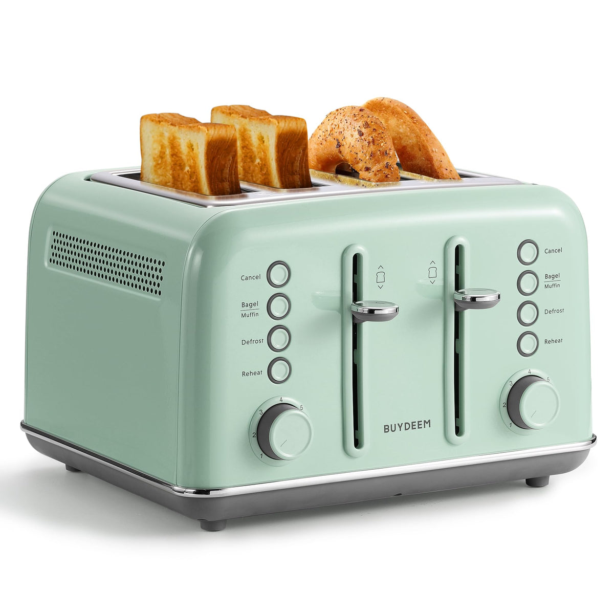 BuyDEEM DT640 front view with retro stainless steel and extra-wide slots good for thicker bread.