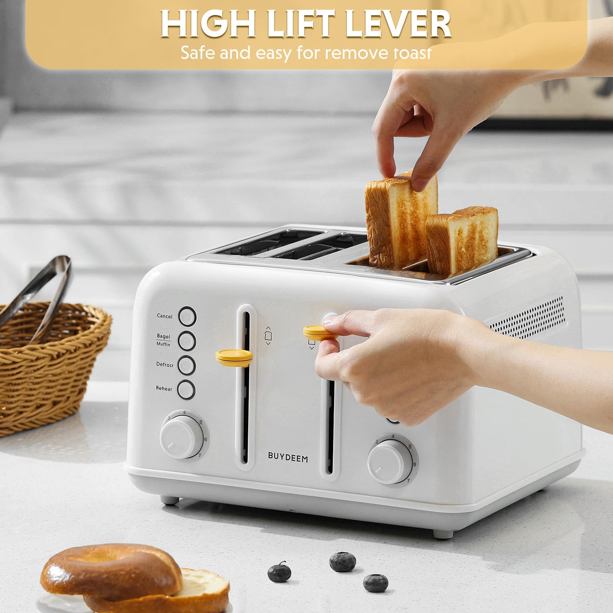 BUYDEEM DT640 toast ejects warmly with even browning across slices