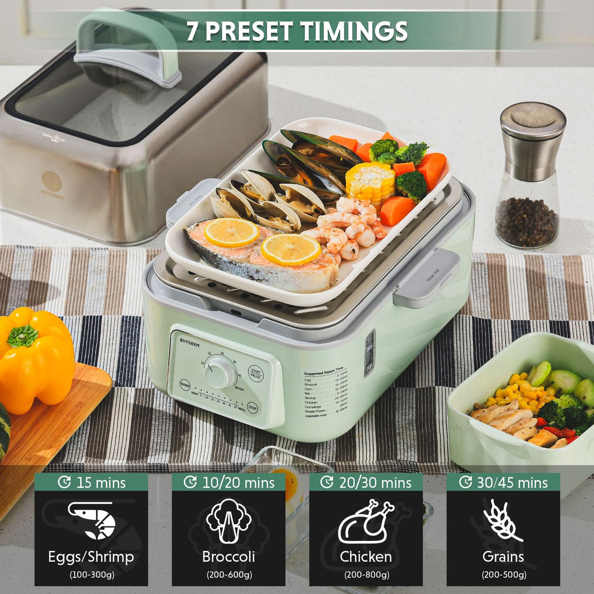 BUYDEEM G52 steamer 10L capacity suits family meals with a space saving footprint.