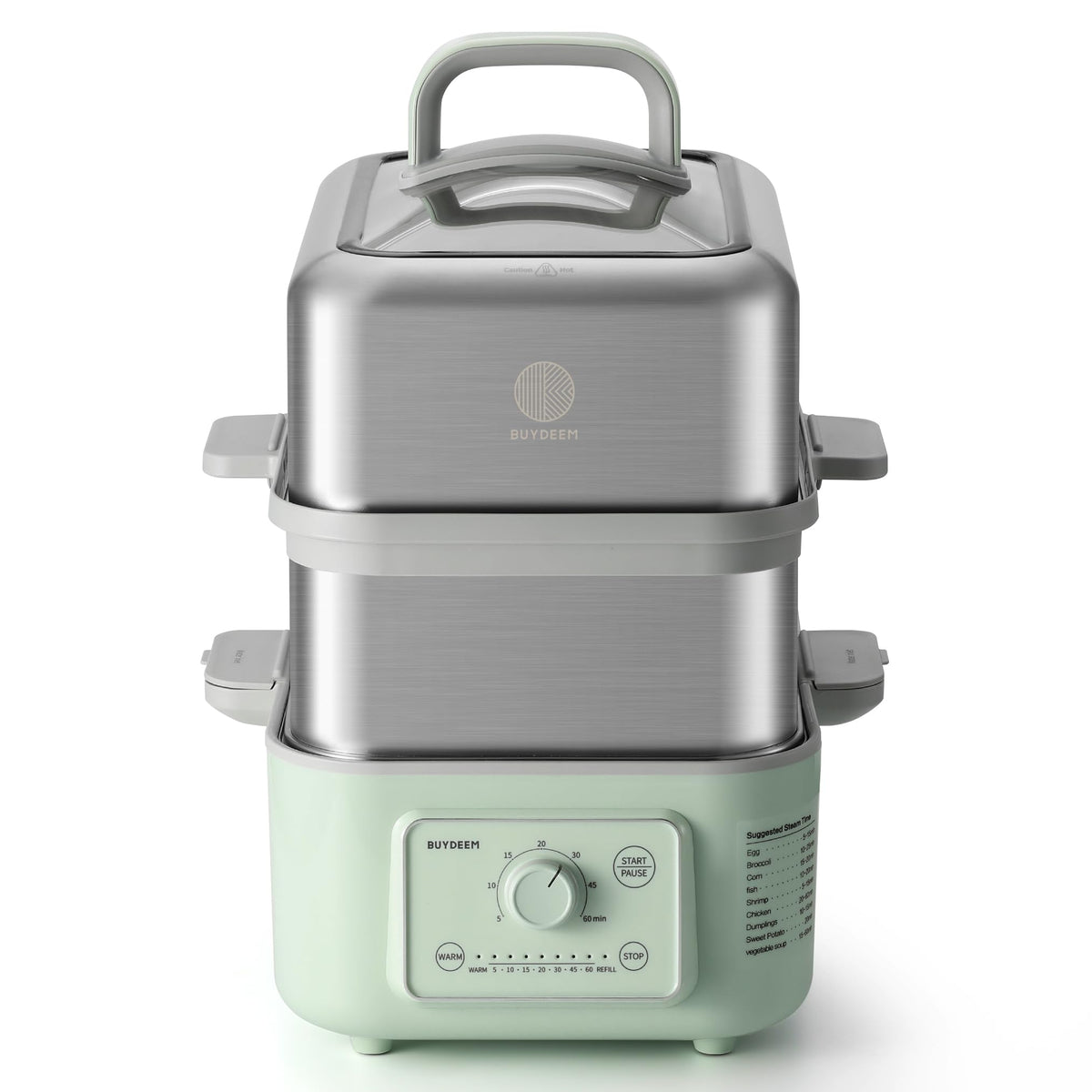 BUYDEEM G52 steamer front view with compact stainless design for small kitchens.
