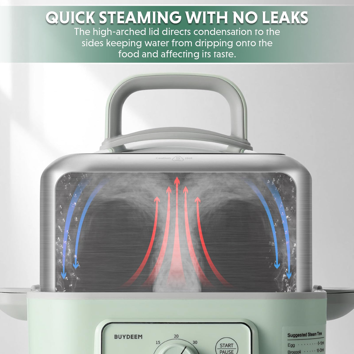 BUYDEEM G52 steamer stainless trays and glass lid for durable use.