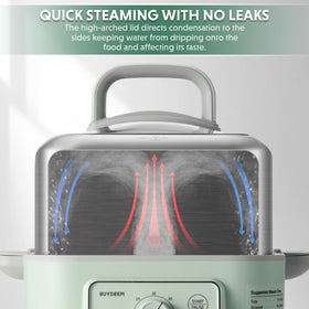 BUYDEEM G52 steamer stainless trays and glass lid for durable use.