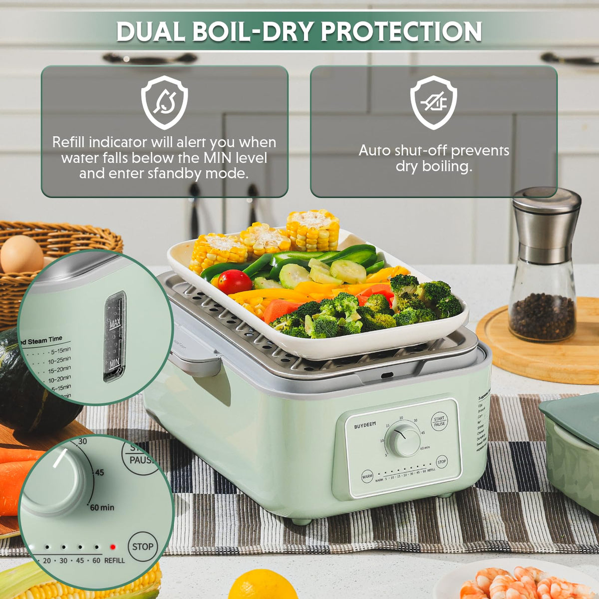 BUYDEEM G52 steamer chamber with fresh vegetables ready to steam.