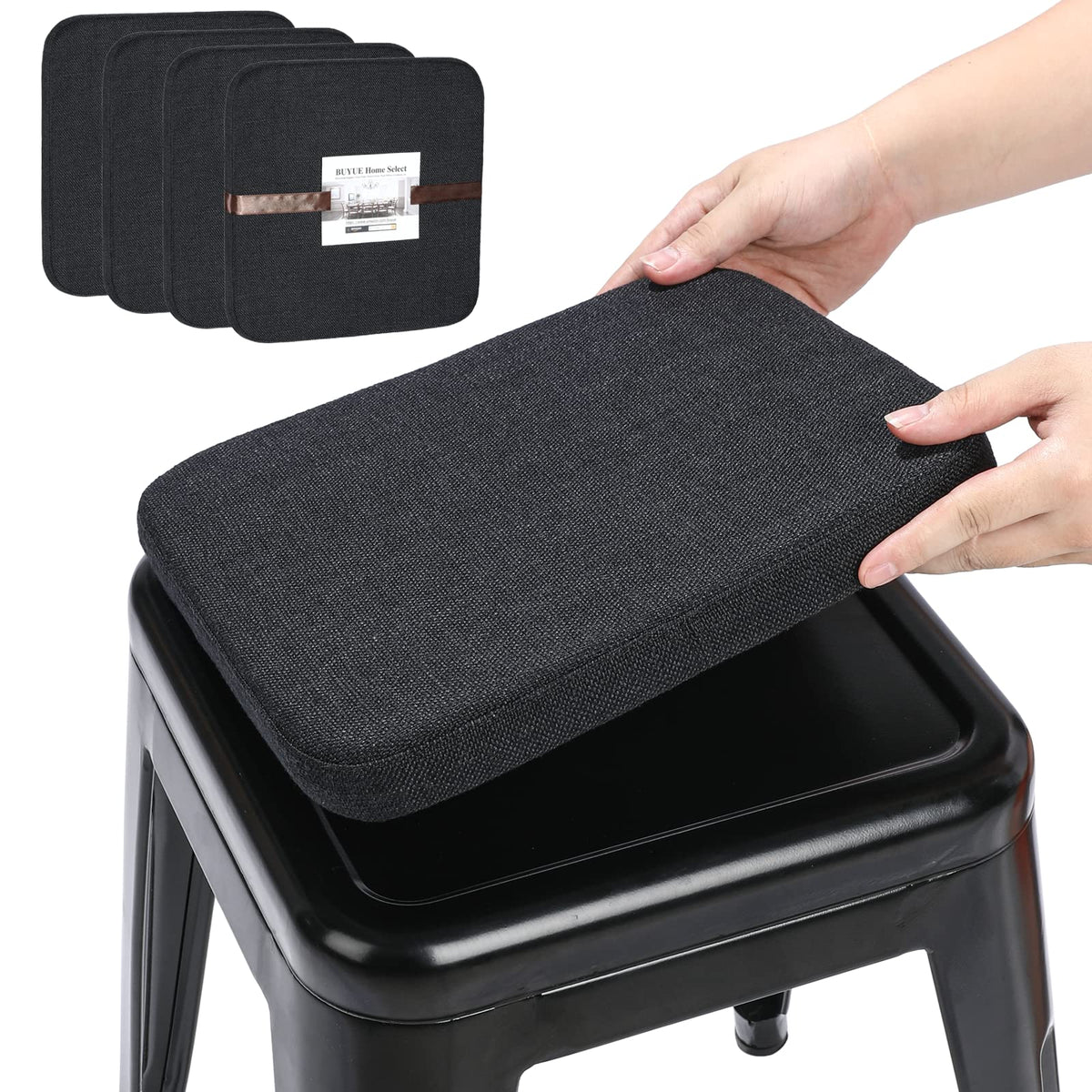 BUYUE natural linen magnetic bar stool cushions provide stable seating on metal chairs.