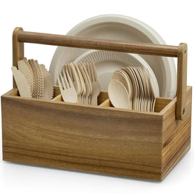 BWODYAY acacia paper plate dispenser with four compartments for plates, utensils, and napkins