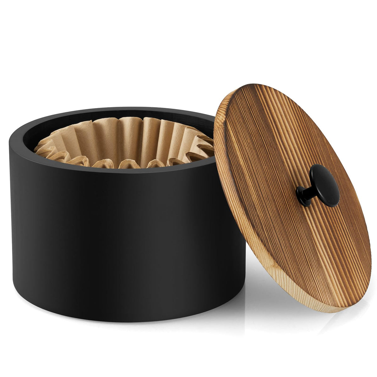 BWODYAY coffee filter holder front view highlighting solid wood build and organized filters.