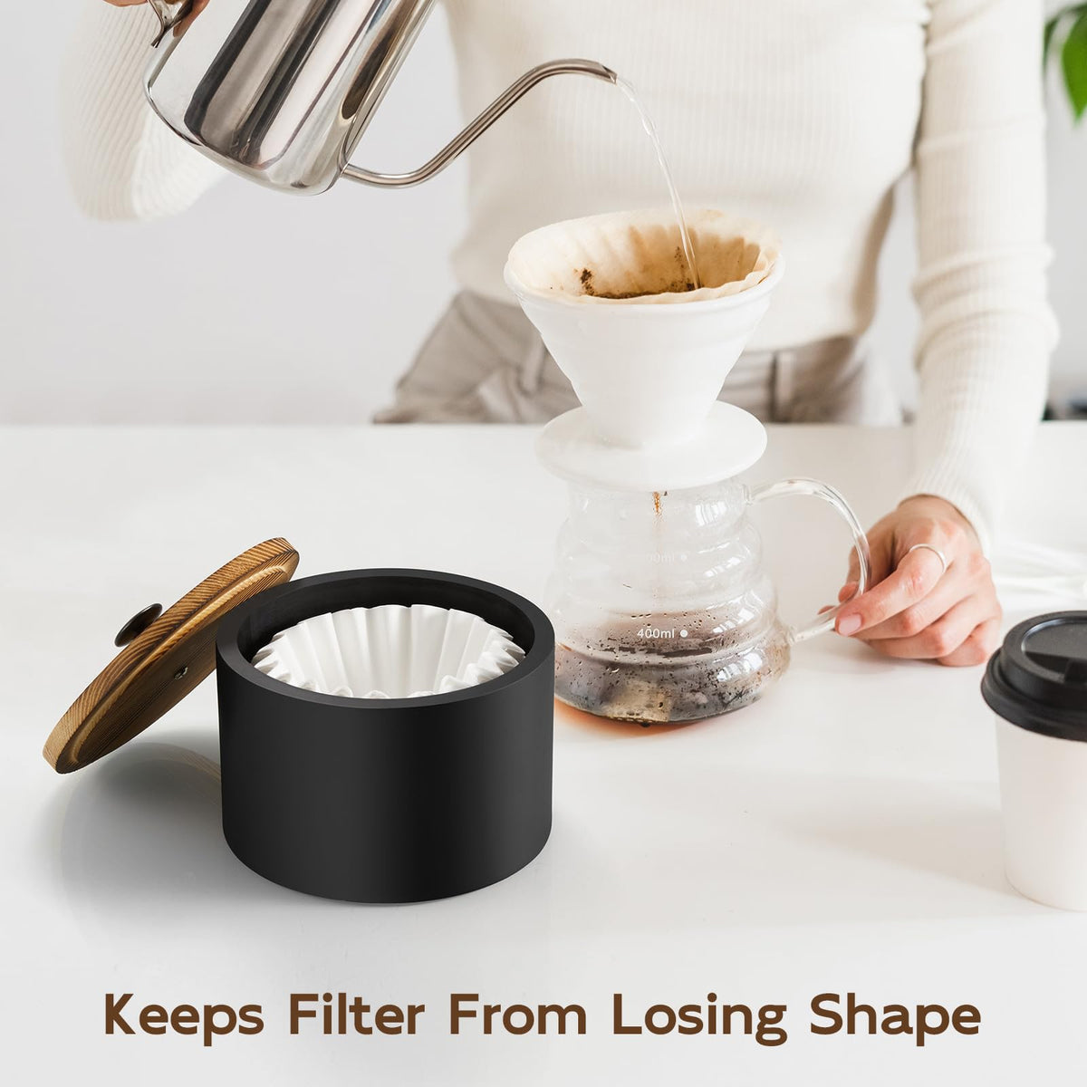BWODYAY coffee filter holder side view emphasizes compact footprint for counter space.