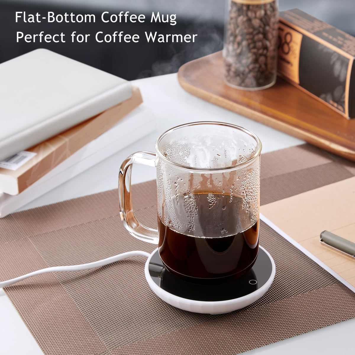BWODYAY glass mug flat bottom helps stability on warmers.