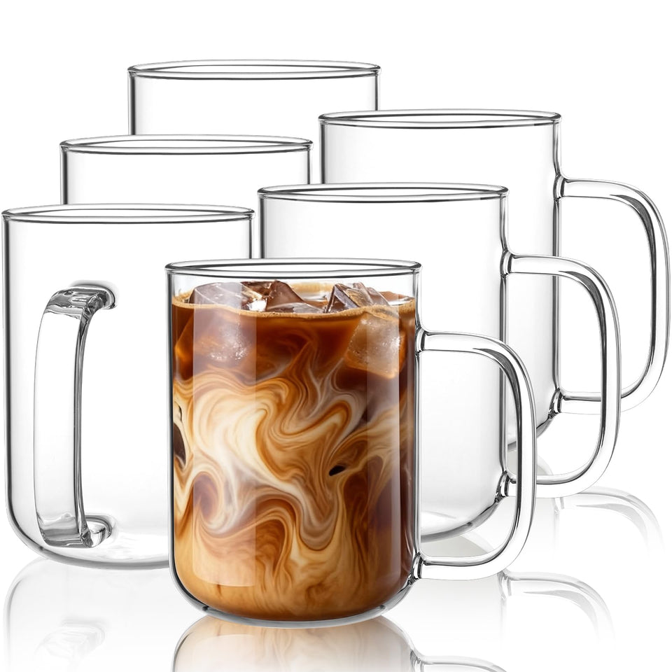 BWODYAY glass coffee mugs 20oz set 6 in clear design for enjoying coffee art.