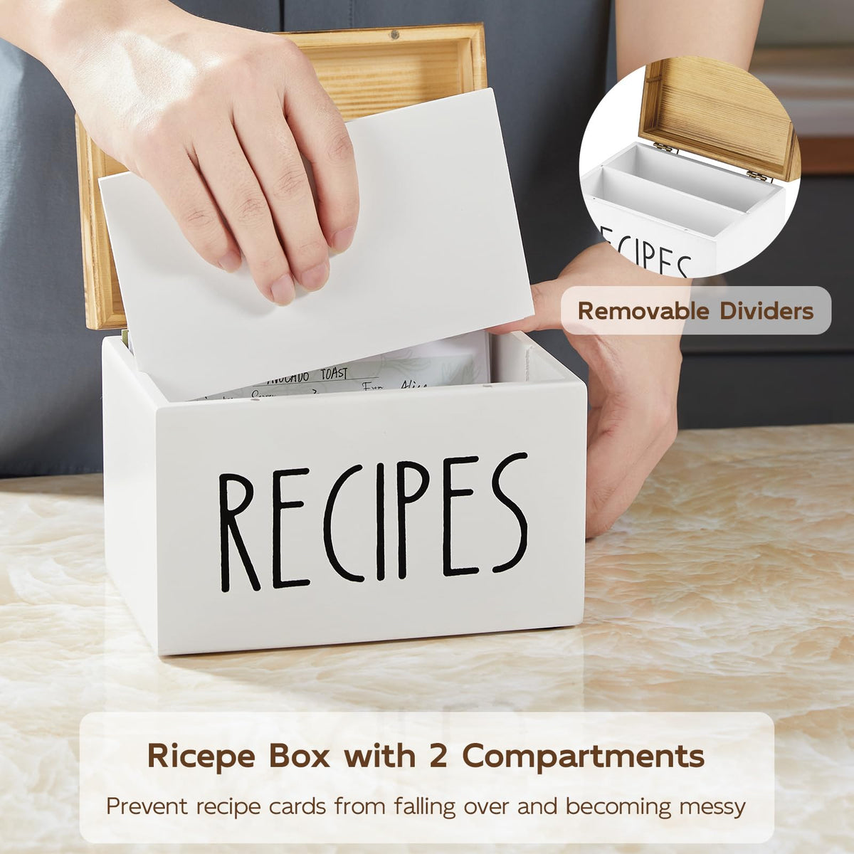 BWODYAY wooden recipe box side view highlighting compact storage