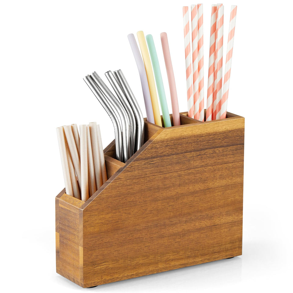BWODYAY straw holder in acacia wood keeps straws neatly organized on the counter