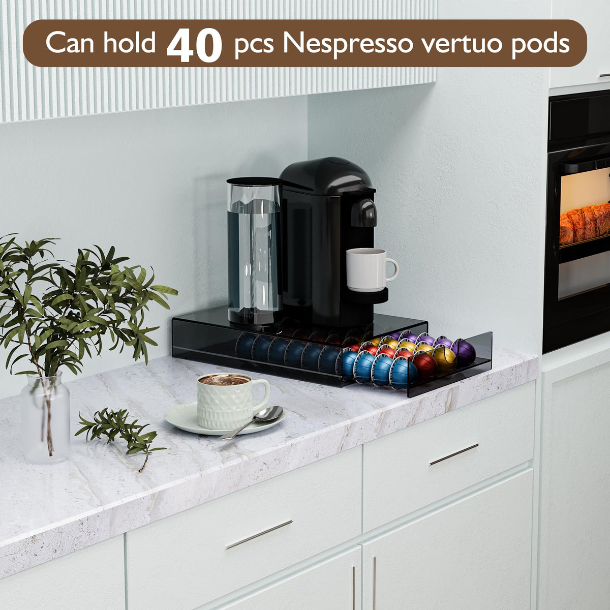 BXINREDA drawer open view illustrating easy access to Vertuo pods