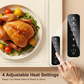 BXJUW warming mat with four temperature modes for soups, mains, and desserts.