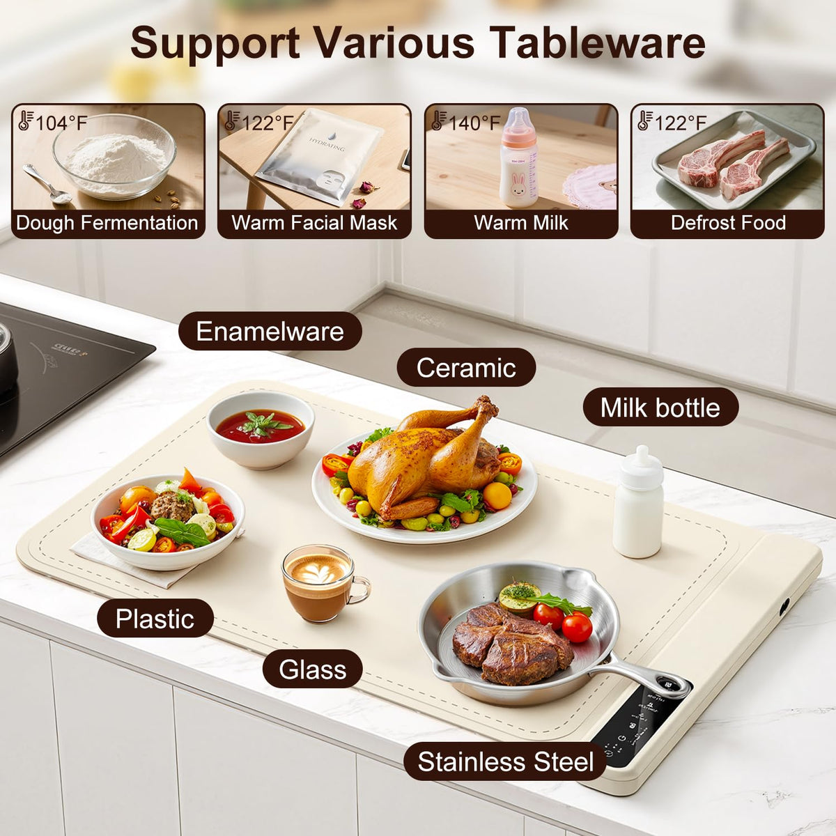 BXJUW warming mat used at a party buffet to keep dishes warm.
