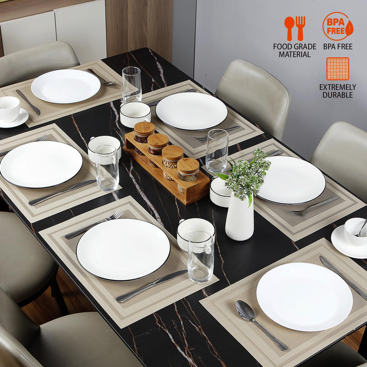 Bxzandya placemats measure 18 by 12 inches for standard table settings.