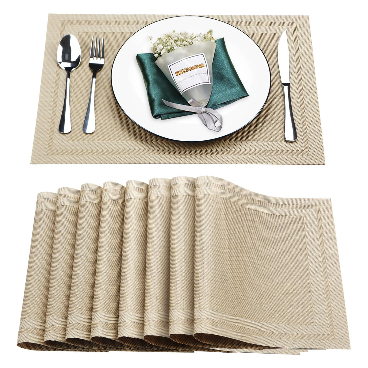 Bxzandya placemats set of 8 beige woven texture protect the table during meals.