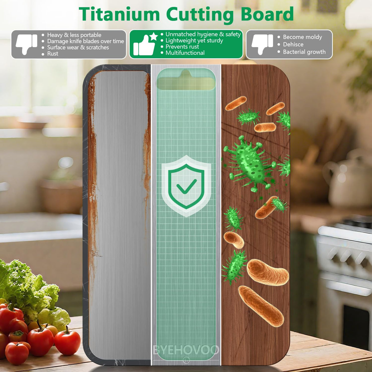 BYEHOVOO titanium cutting board double-sided design for separating raw and cooked foods